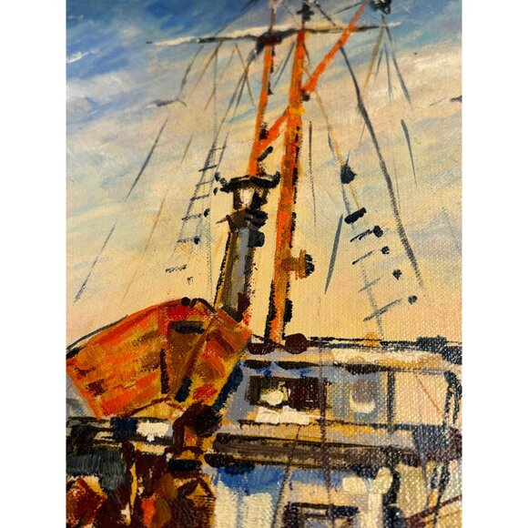 Mid Century Modern Abstract Ship Scene Oil on Board, Unframed - Picture 9 of 9
